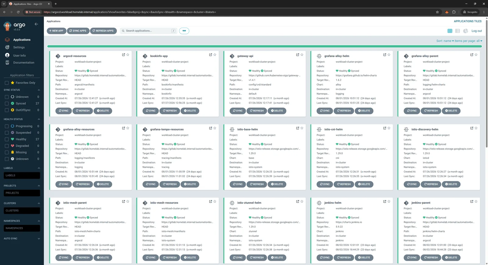 Argo CD applications dashboard showing synced and healthy applications