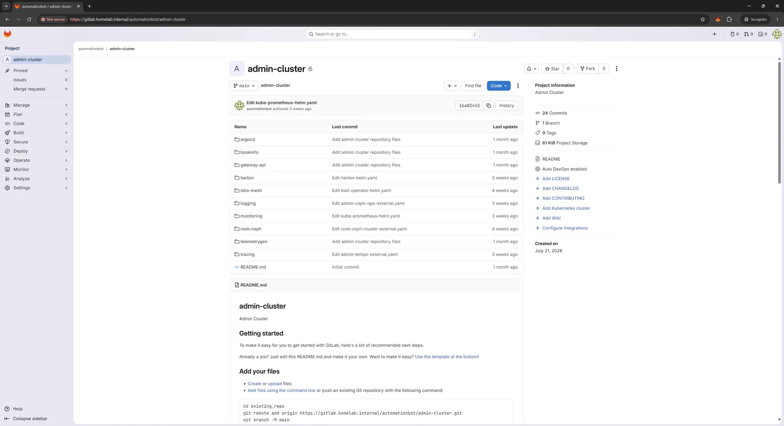GitLab admin-cluster repository listing argocd, harbor, istio-mesh, monitoring, rook-ceph and tracing directories