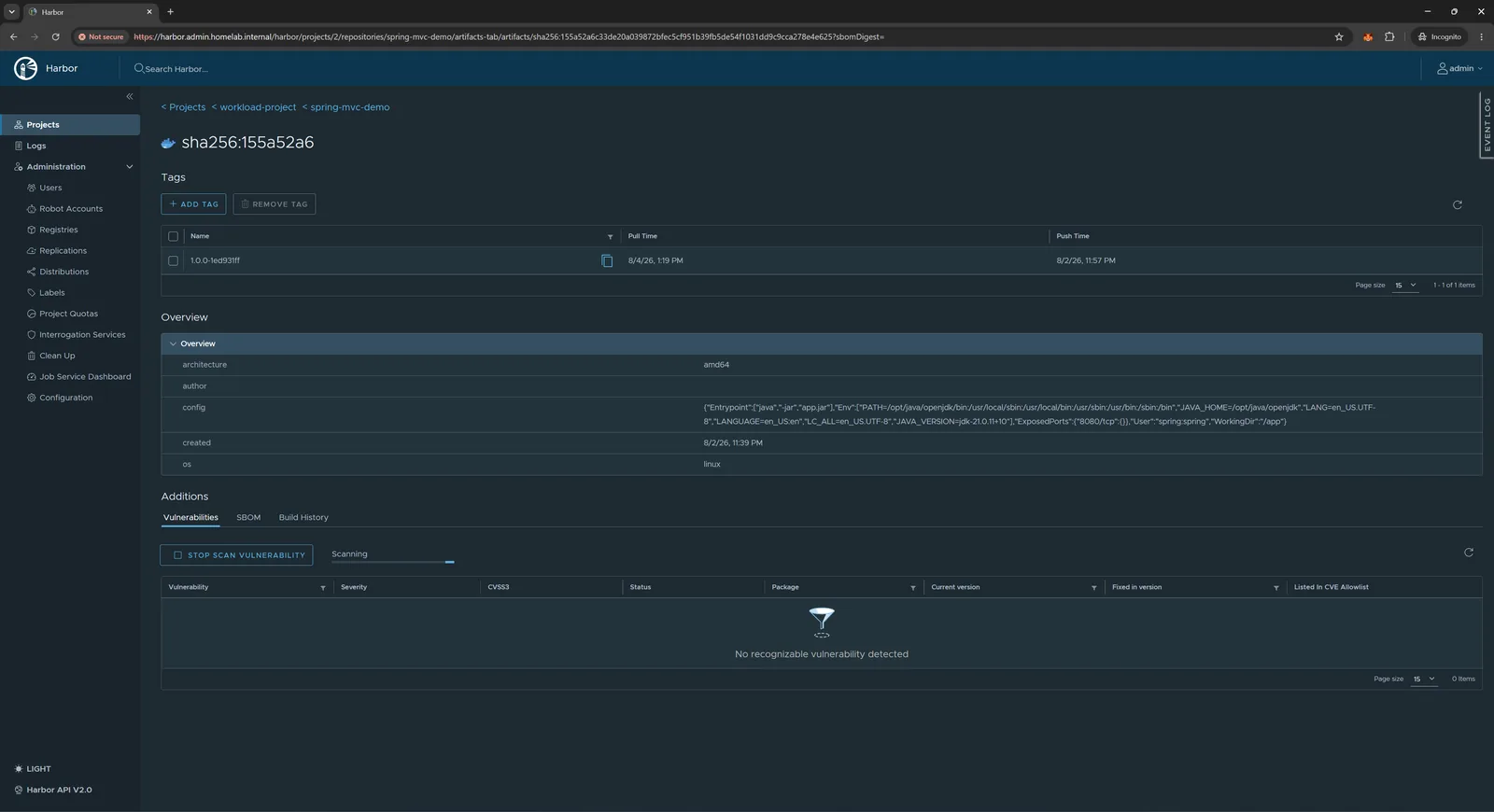 Harbor image vulnerability scan results
